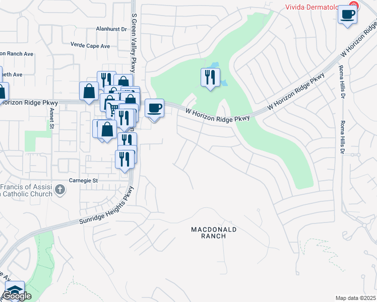 map of restaurants, bars, coffee shops, grocery stores, and more near 561 Carmel Valley Street in Henderson