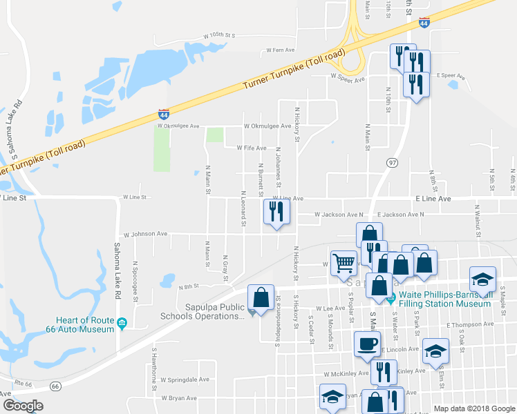 map of restaurants, bars, coffee shops, grocery stores, and more near 230 North Burnett Street in Sapulpa