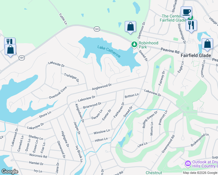 map of restaurants, bars, coffee shops, grocery stores, and more near 134 Anglewood Drive in Crossville