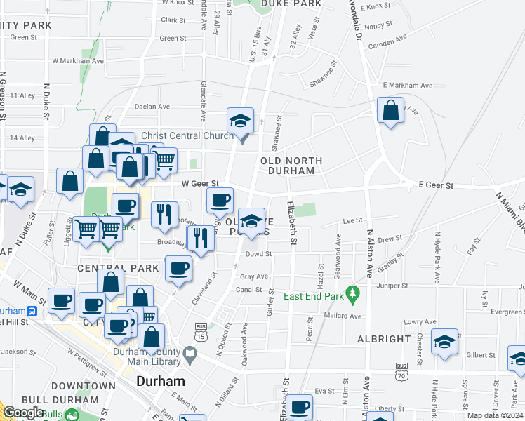 map of restaurants, bars, coffee shops, grocery stores, and more near 208 East Geer Street in Durham