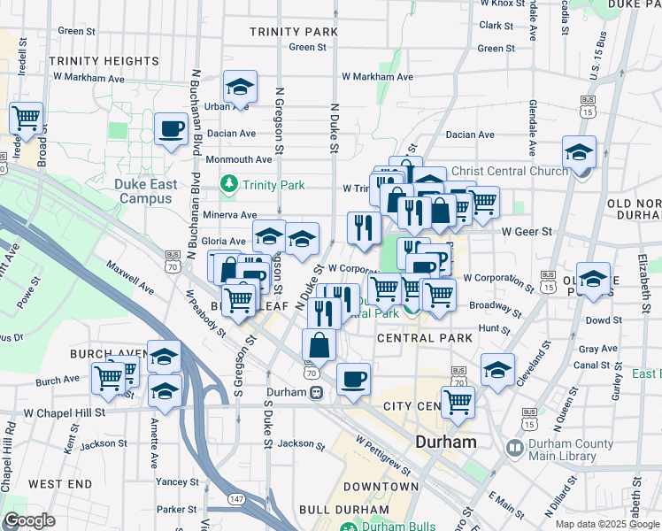map of restaurants, bars, coffee shops, grocery stores, and more near 501 North Duke Street in Durham