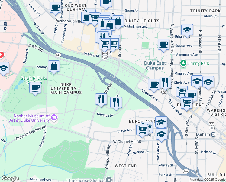 map of restaurants, bars, coffee shops, grocery stores, and more near 301 Swift Avenue in Durham