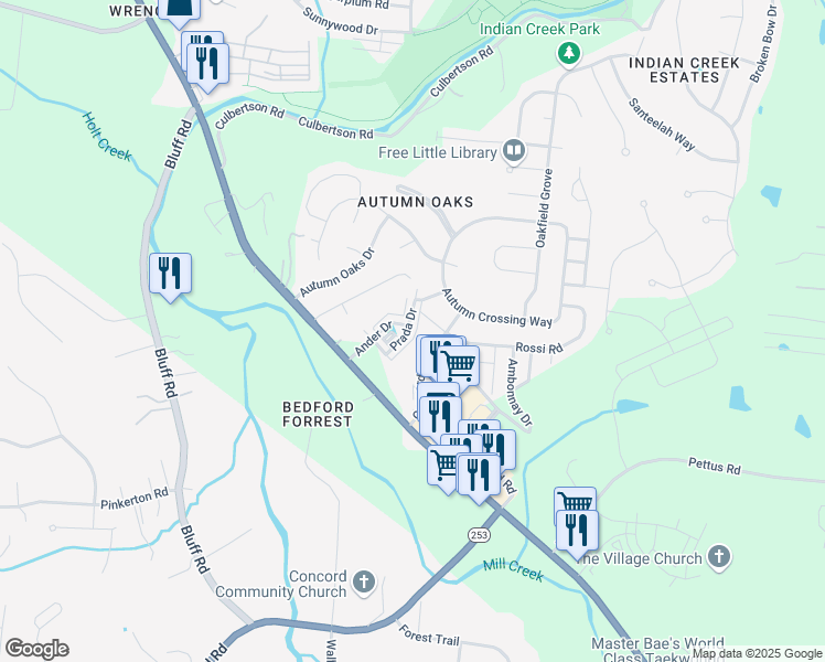 map of restaurants, bars, coffee shops, grocery stores, and more near 5565 Prada Drive in Brentwood