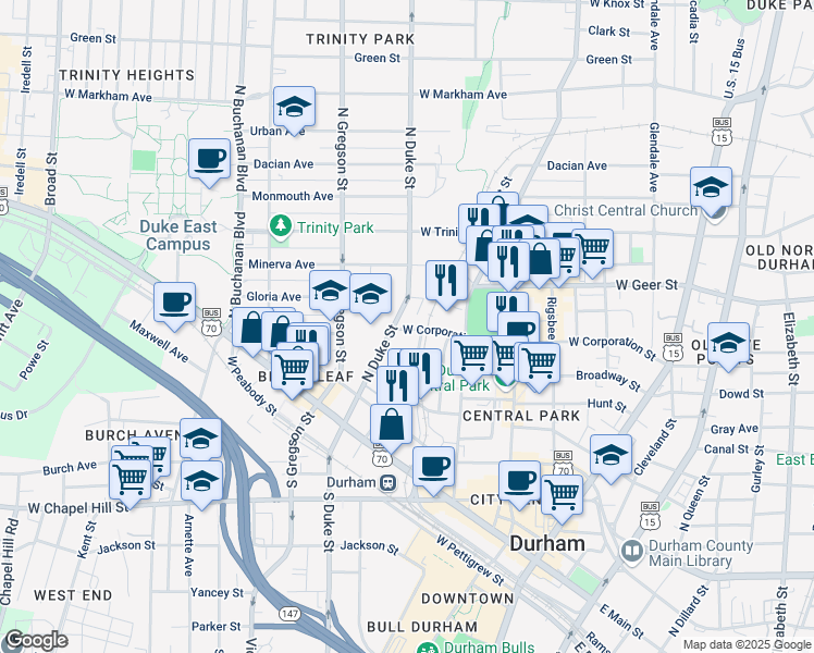 map of restaurants, bars, coffee shops, grocery stores, and more near 501 North Duke Street in Durham
