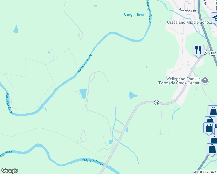 map of restaurants, bars, coffee shops, grocery stores, and more near 2480 Hidden River Lane in Franklin