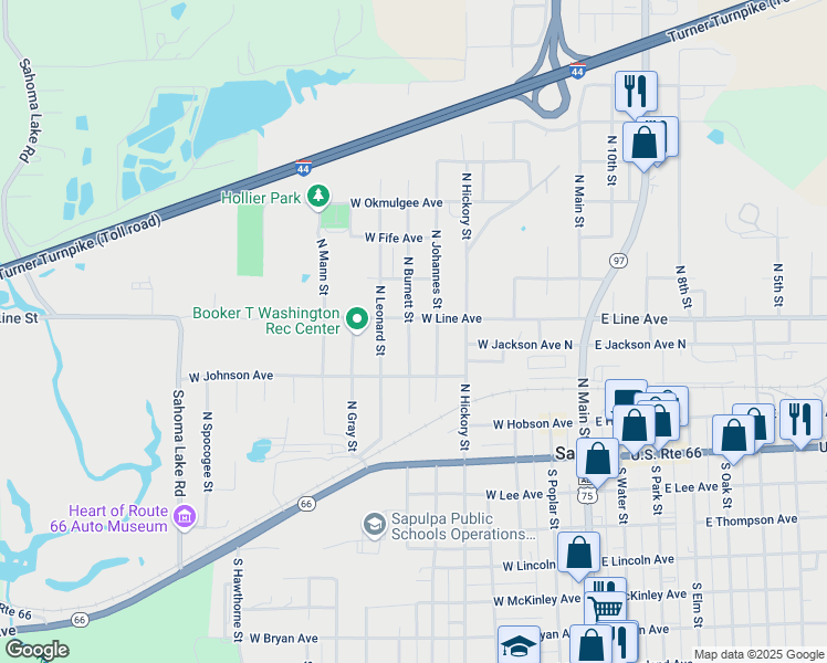 map of restaurants, bars, coffee shops, grocery stores, and more near 248 North Burnett Street in Sapulpa