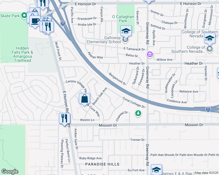 map of restaurants, bars, coffee shops, grocery stores, and more near 848 Coral Cottage Drive in Henderson