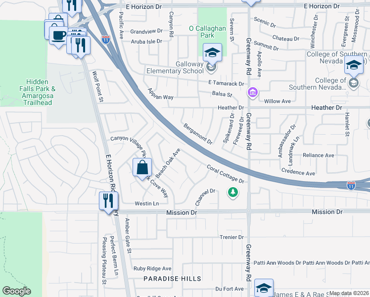 map of restaurants, bars, coffee shops, grocery stores, and more near 848 Coral Cottage Drive in Henderson