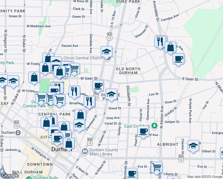 map of restaurants, bars, coffee shops, grocery stores, and more near 1120 North Roxboro Street in Durham