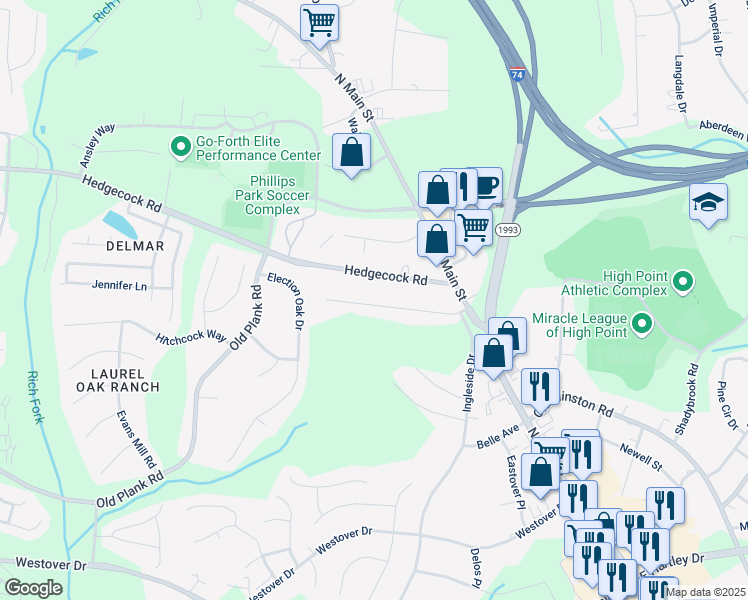 map of restaurants, bars, coffee shops, grocery stores, and more near 134 Asbill Avenue in High Point