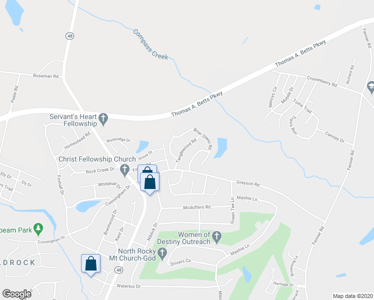 map of restaurants, bars, coffee shops, grocery stores, and more near 2117 Tanglewood Road in Rocky Mount