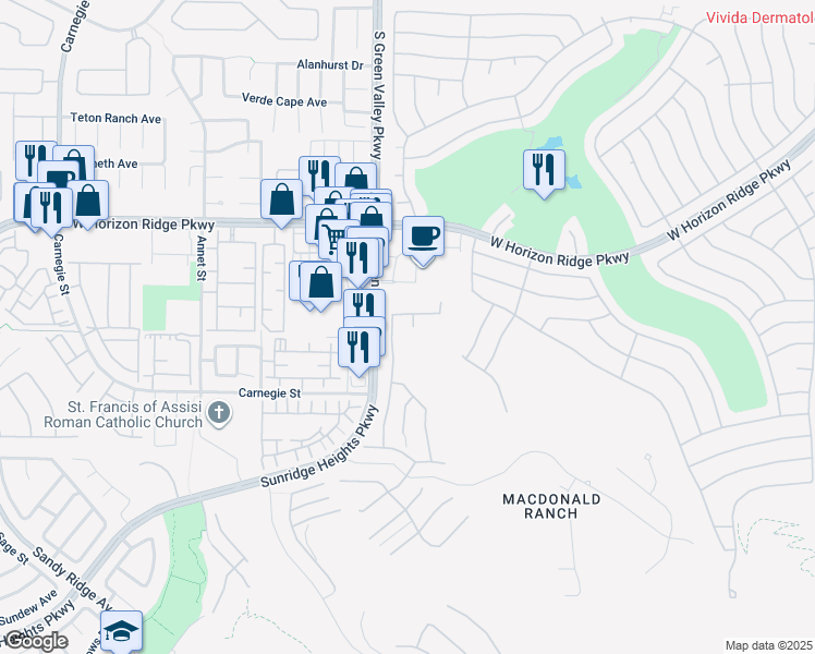 map of restaurants, bars, coffee shops, grocery stores, and more near 695 Daylight Ridge Court in Henderson