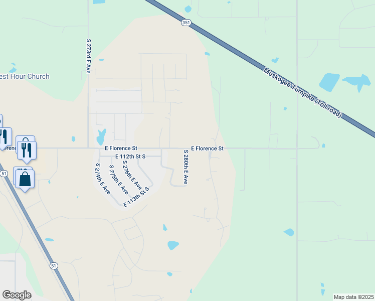 map of restaurants, bars, coffee shops, grocery stores, and more near 28105 East 111th Street South in Coweta