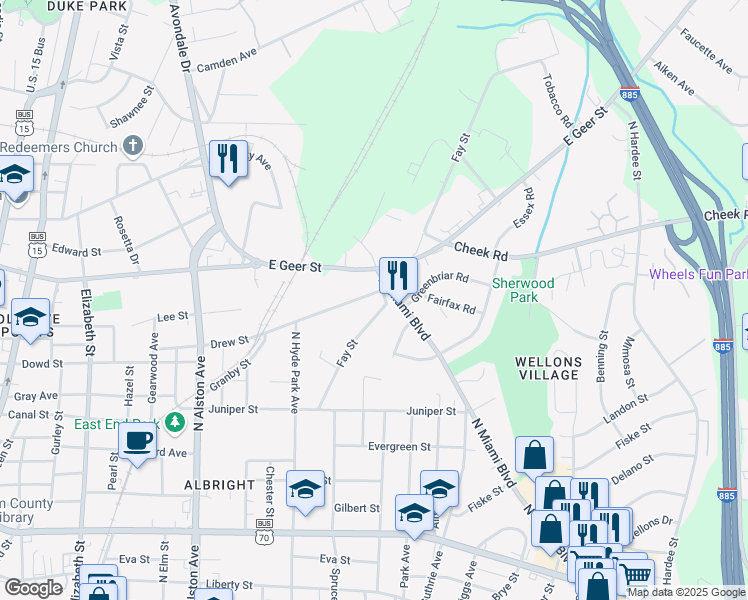 map of restaurants, bars, coffee shops, grocery stores, and more near 1306 Drew Street in Durham