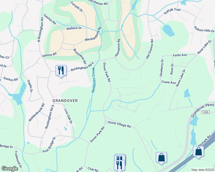 map of restaurants, bars, coffee shops, grocery stores, and more near 3804 Dover Park Road in Greensboro