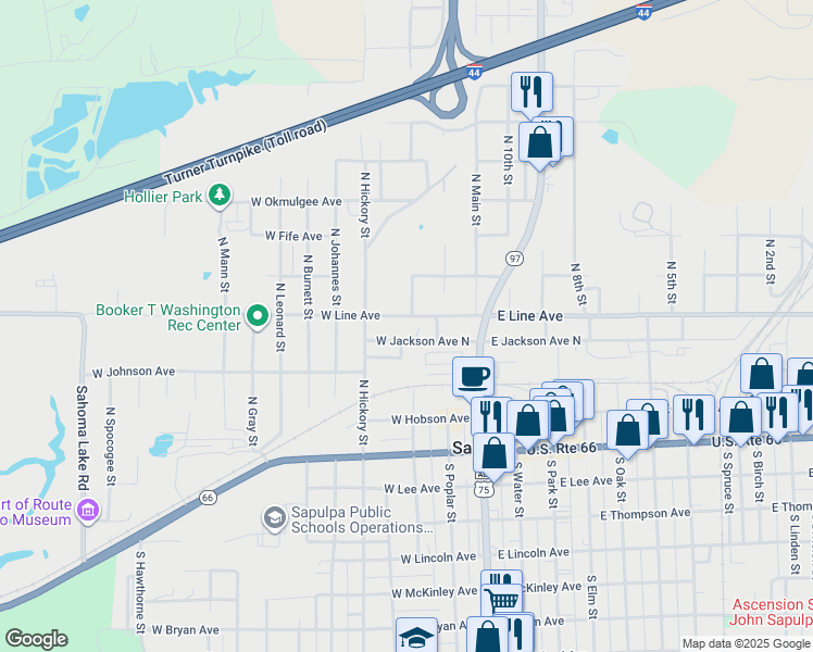 map of restaurants, bars, coffee shops, grocery stores, and more near 125 West Jackson Avenue North in Sapulpa