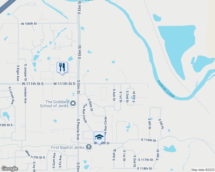 map of restaurants, bars, coffee shops, grocery stores, and more near 205 West 111th Place South in Jenks