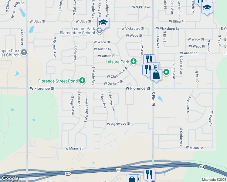 map of restaurants, bars, coffee shops, grocery stores, and more near 1153 West Durham Street in Broken Arrow