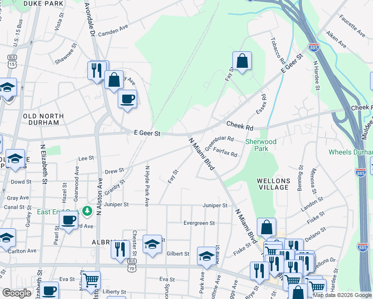 map of restaurants, bars, coffee shops, grocery stores, and more near 1306 Drew Street in Durham