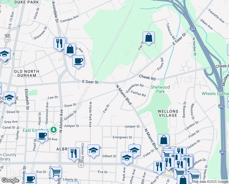 map of restaurants, bars, coffee shops, grocery stores, and more near 1306 Drew Street in Durham