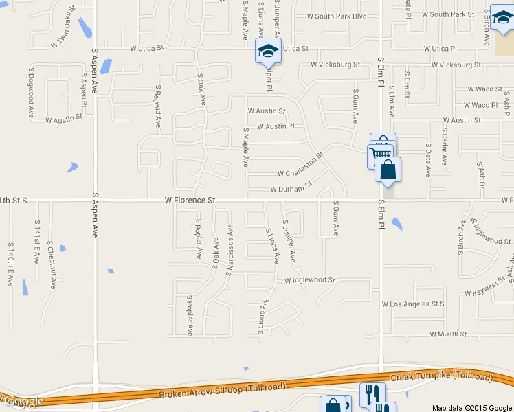 map of restaurants, bars, coffee shops, grocery stores, and more near 1304 West Gulfport Place in Broken Arrow