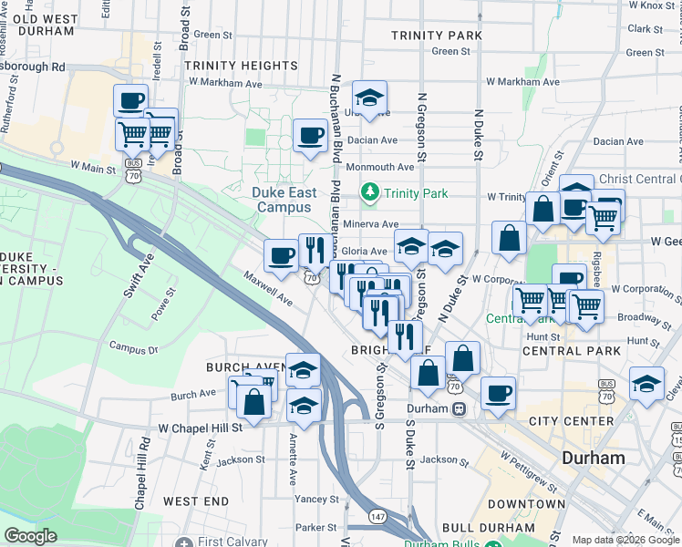 map of restaurants, bars, coffee shops, grocery stores, and more near 112 North Buchanan Boulevard in Durham