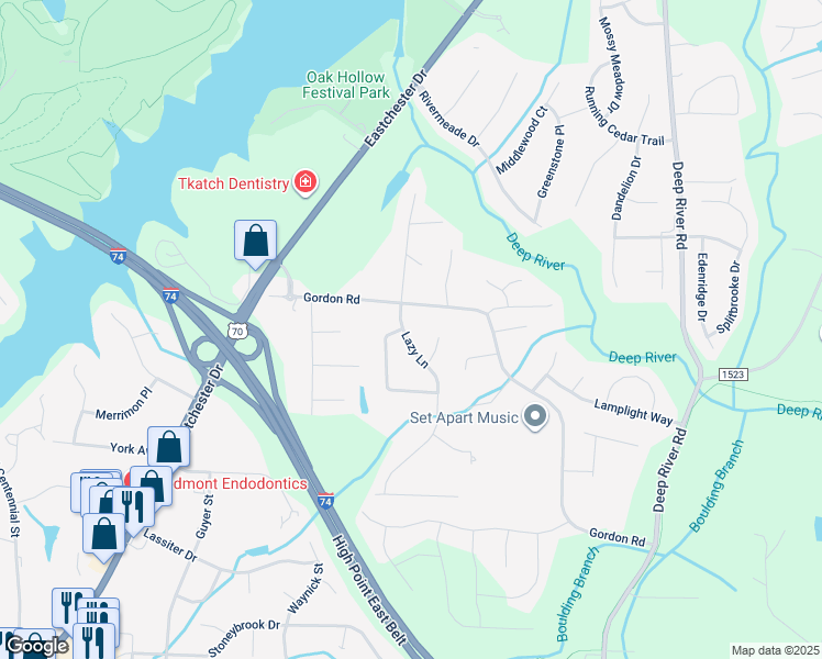 map of restaurants, bars, coffee shops, grocery stores, and more near 1718 Lazy Lane in High Point