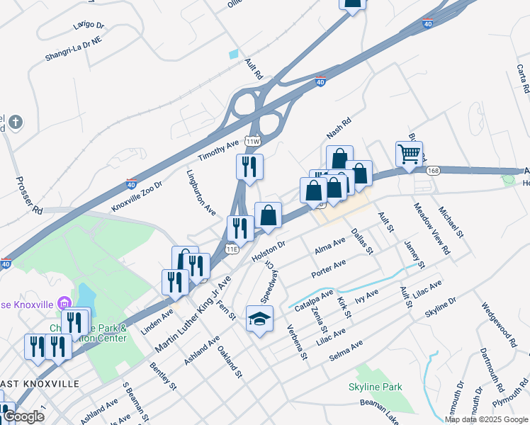 map of restaurants, bars, coffee shops, grocery stores, and more near 3949 Bonnie View Avenue in Knoxville