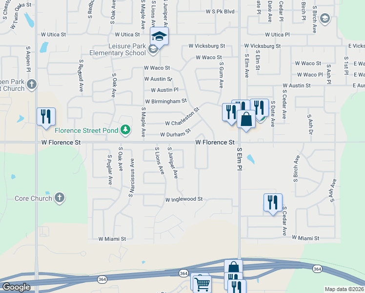 map of restaurants, bars, coffee shops, grocery stores, and more near 1164 West Florence Court in Broken Arrow
