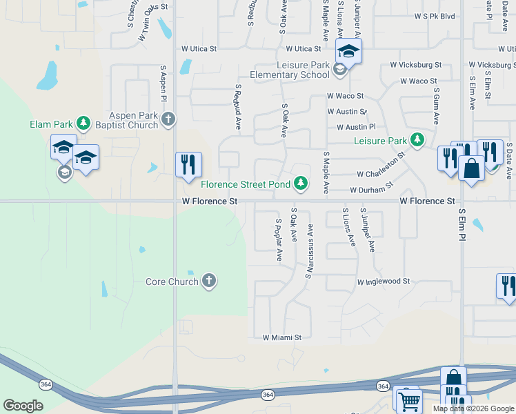 map of restaurants, bars, coffee shops, grocery stores, and more near 1701 West Durham Street in Broken Arrow