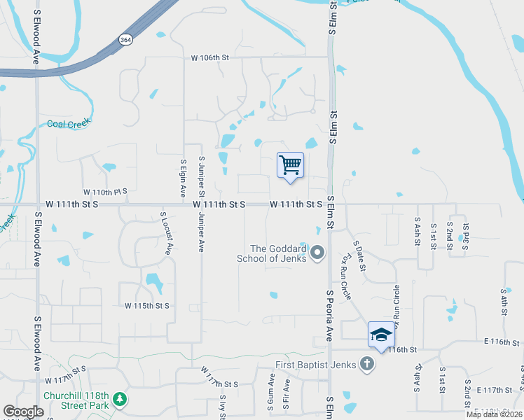 map of restaurants, bars, coffee shops, grocery stores, and more near 707 West 110th Place South in Jenks