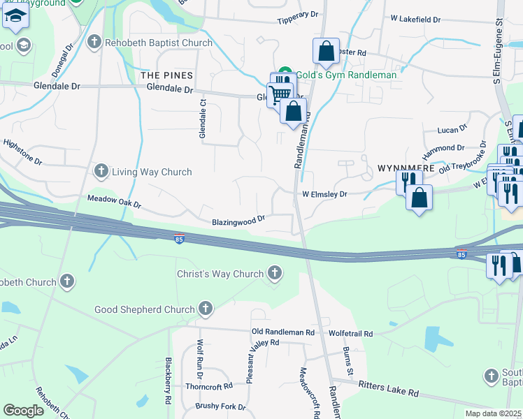 map of restaurants, bars, coffee shops, grocery stores, and more near 4239 Blazingwood Court in Greensboro