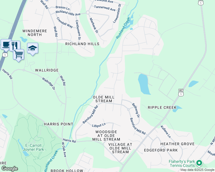 map of restaurants, bars, coffee shops, grocery stores, and more near 512 Wheddon Cross Way in Wake Forest