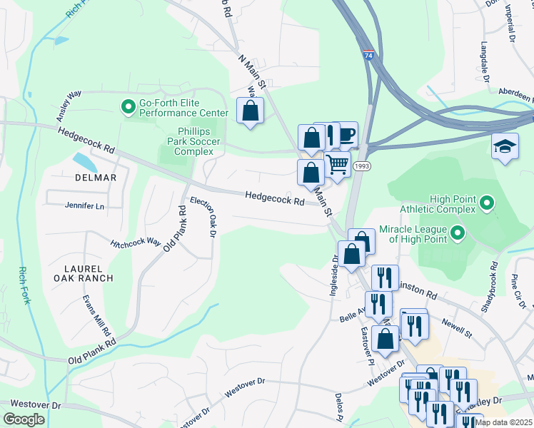 map of restaurants, bars, coffee shops, grocery stores, and more near 134 Asbill Avenue in High Point