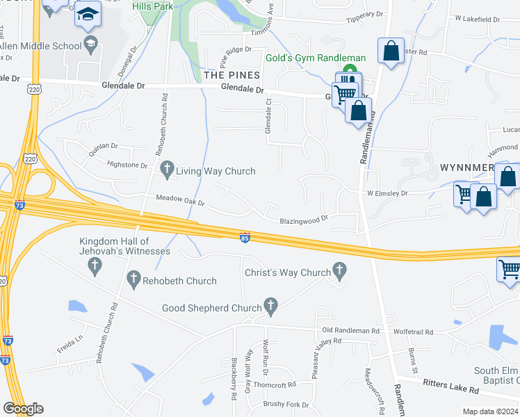 map of restaurants, bars, coffee shops, grocery stores, and more near 902 Blazingwood Drive in Greensboro