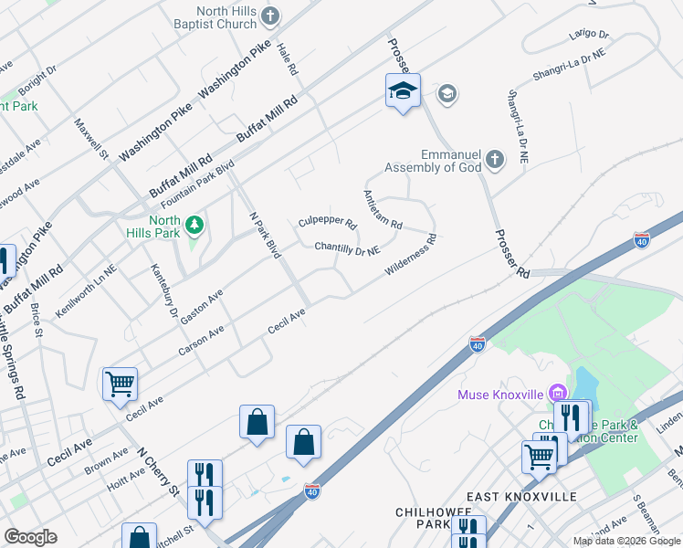 map of restaurants, bars, coffee shops, grocery stores, and more near 2108 Mannassas Lane in Knoxville