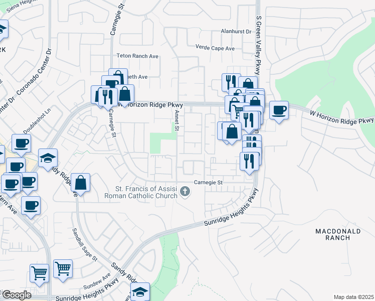 map of restaurants, bars, coffee shops, grocery stores, and more near 2305 West Horizon Ridge Parkway in Henderson
