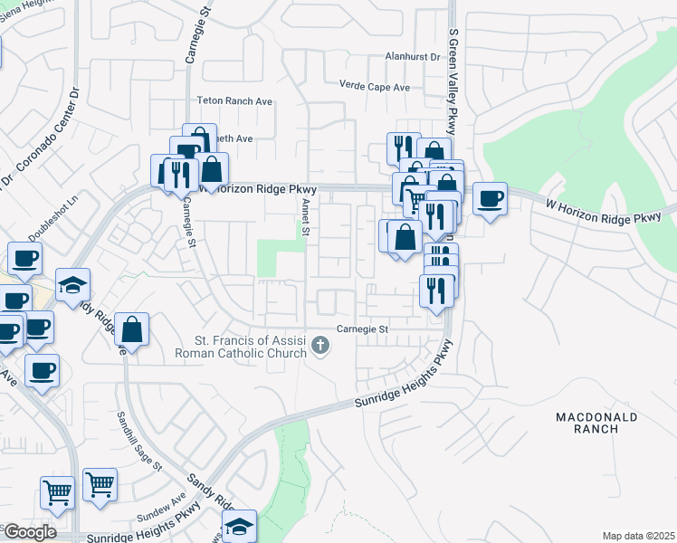 map of restaurants, bars, coffee shops, grocery stores, and more near 2305 West Horizon Ridge Parkway in Henderson