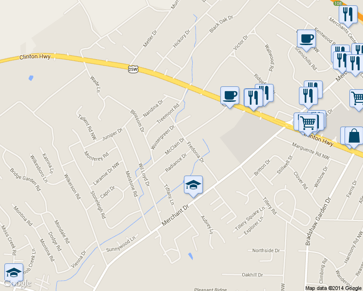 map of restaurants, bars, coffee shops, grocery stores, and more near 1904 McClain Drive in Knoxville