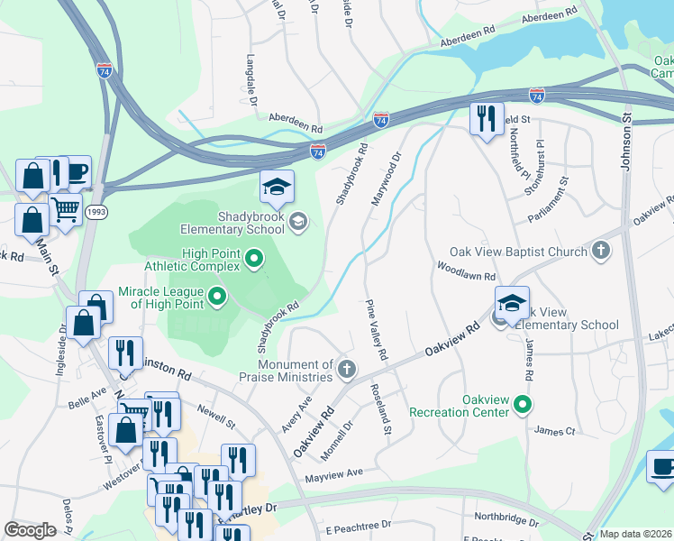 map of restaurants, bars, coffee shops, grocery stores, and more near 416 Shadybrook Road in High Point