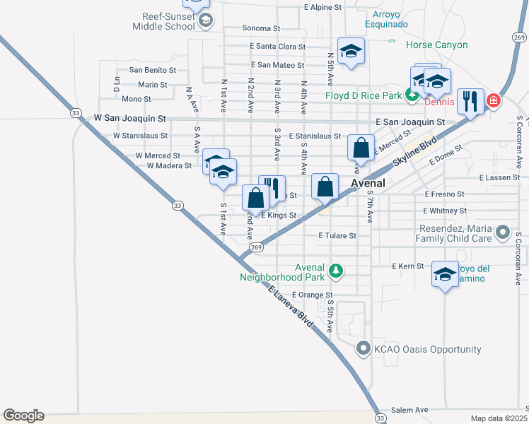 map of restaurants, bars, coffee shops, grocery stores, and more near 229 East Kings Street in Avenal