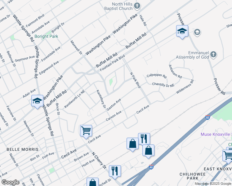 map of restaurants, bars, coffee shops, grocery stores, and more near 3002 North Hills Boulevard in Knoxville