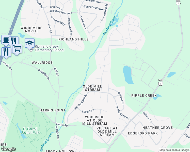 map of restaurants, bars, coffee shops, grocery stores, and more near 512 Wheddon Cross Way in Wake Forest