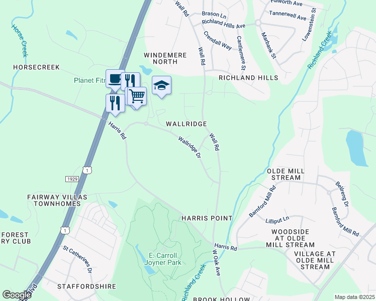 map of restaurants, bars, coffee shops, grocery stores, and more near 817 Wallridge Drive in Wake Forest