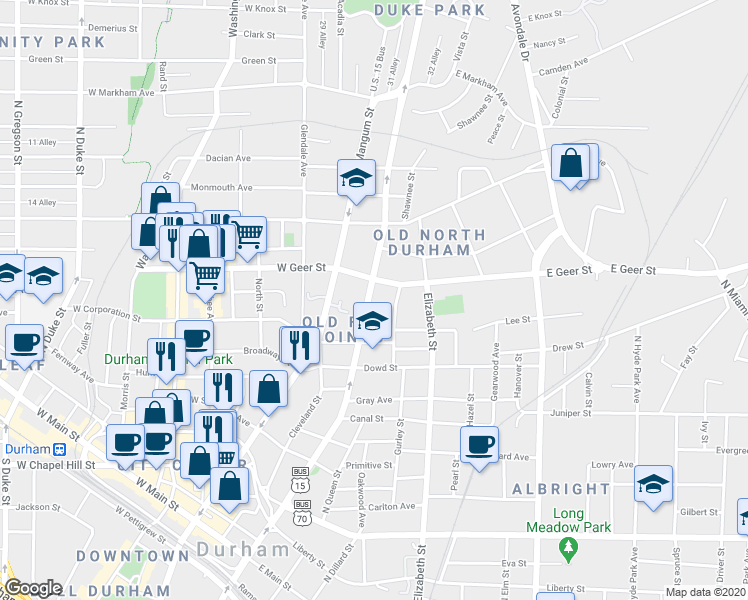 map of restaurants, bars, coffee shops, grocery stores, and more near 208 East Geer Street in Durham