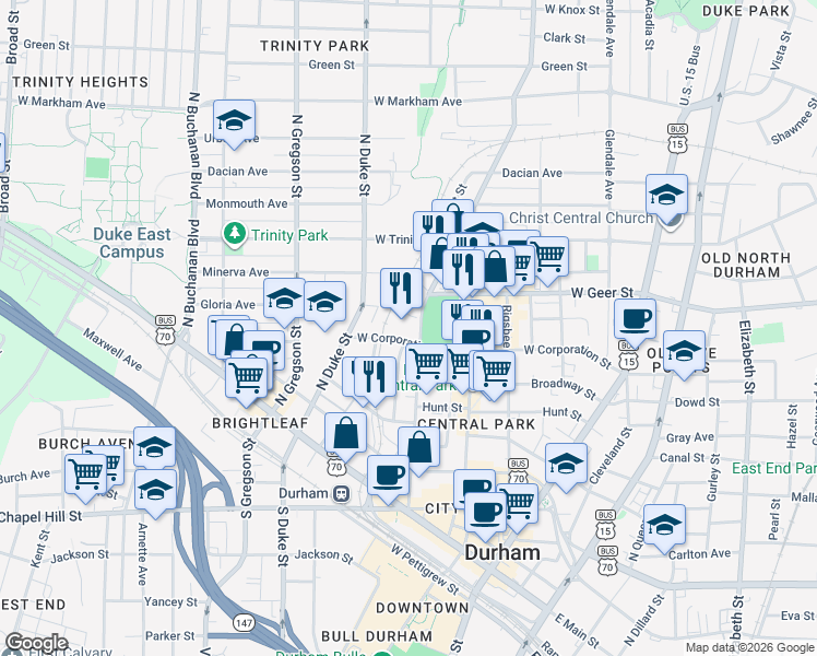 map of restaurants, bars, coffee shops, grocery stores, and more near Liggett Street in Durham