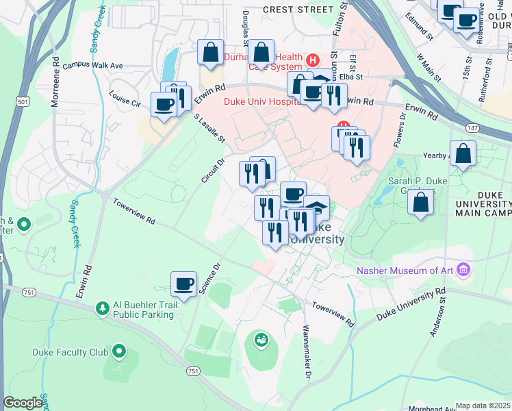 map of restaurants, bars, coffee shops, grocery stores, and more near 136 Science Drive in Durham