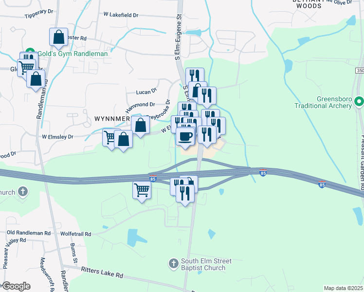 map of restaurants, bars, coffee shops, grocery stores, and more near 3711 Elmsley Court in Greensboro