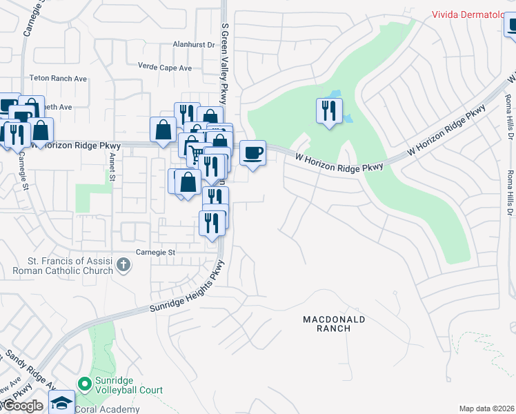 map of restaurants, bars, coffee shops, grocery stores, and more near 2149 Sunset Valley Street in Henderson