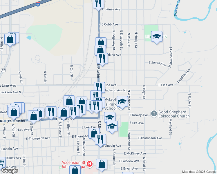 map of restaurants, bars, coffee shops, grocery stores, and more near 1116 East Line Avenue in Sapulpa